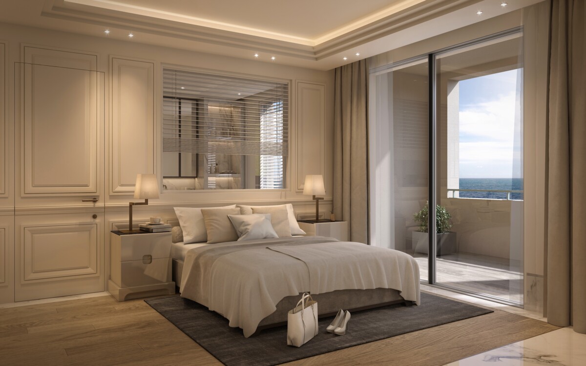 Elegant bedroom in a Seaside Plaza Monaco apartment with terrace access and Mediterranean sea views