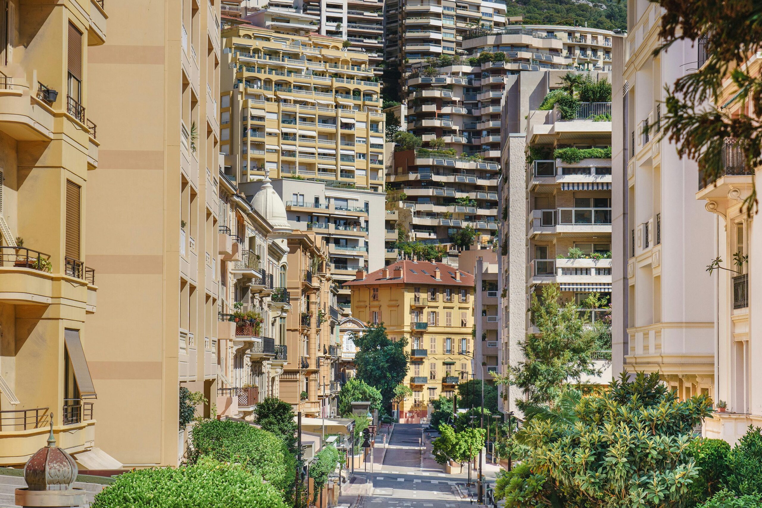 Rue Grimaldi street view with Monaco apartment buildings in La Condamine