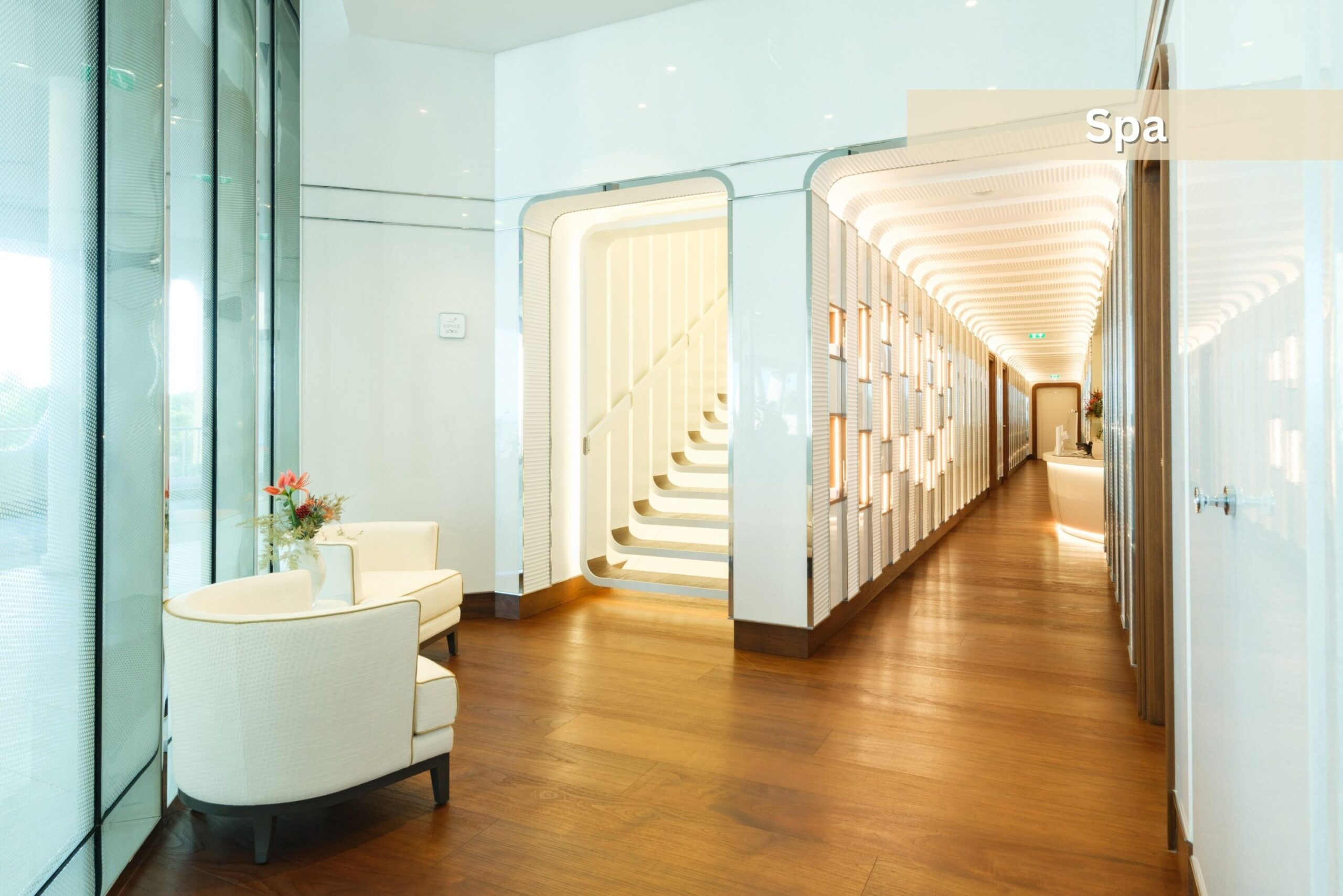 Bay House Monaco luxury spa interior with relaxation lounge and treatment corridor