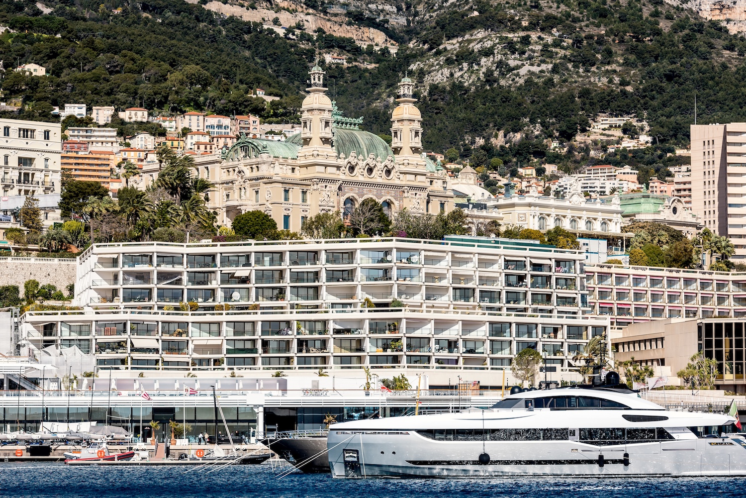Monte Carlo Star residential building facade overlooking Port Hercule Monaco
