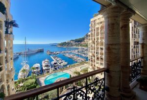 View from a Seaside Plaza Monaco terrace overlooking Fontvieille Marina, yachts and the Mediterranean Sea
