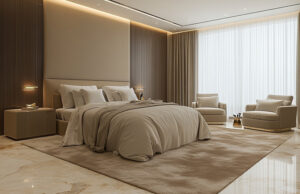 Luxury bedroom interior at Palazzo Leonardo Monaco with floor-to-ceiling curtains and contemporary furnishings